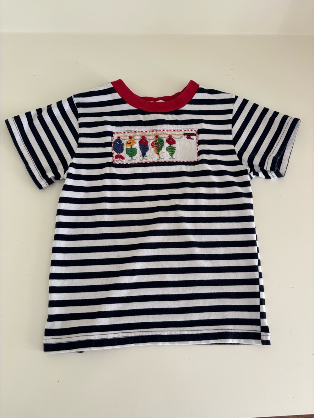 Vive La Fete - Striped Kids Short Sleeve Tee with Red Neckline & Smocked Fish